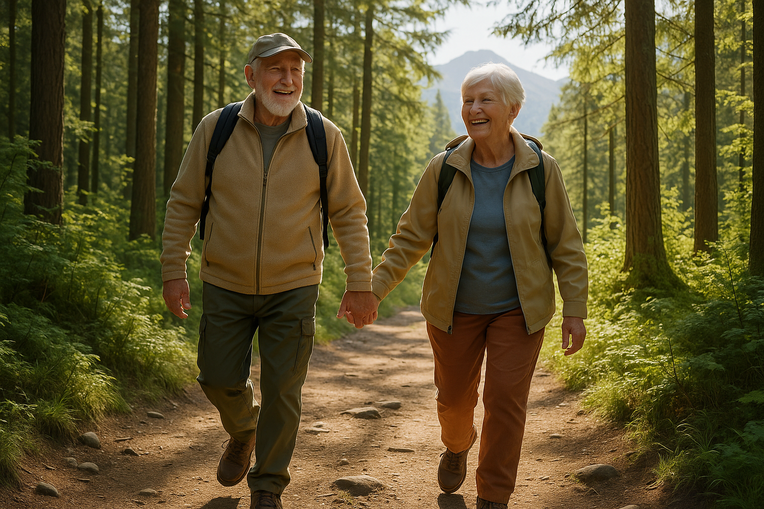 an elderly couple being active outside in nature